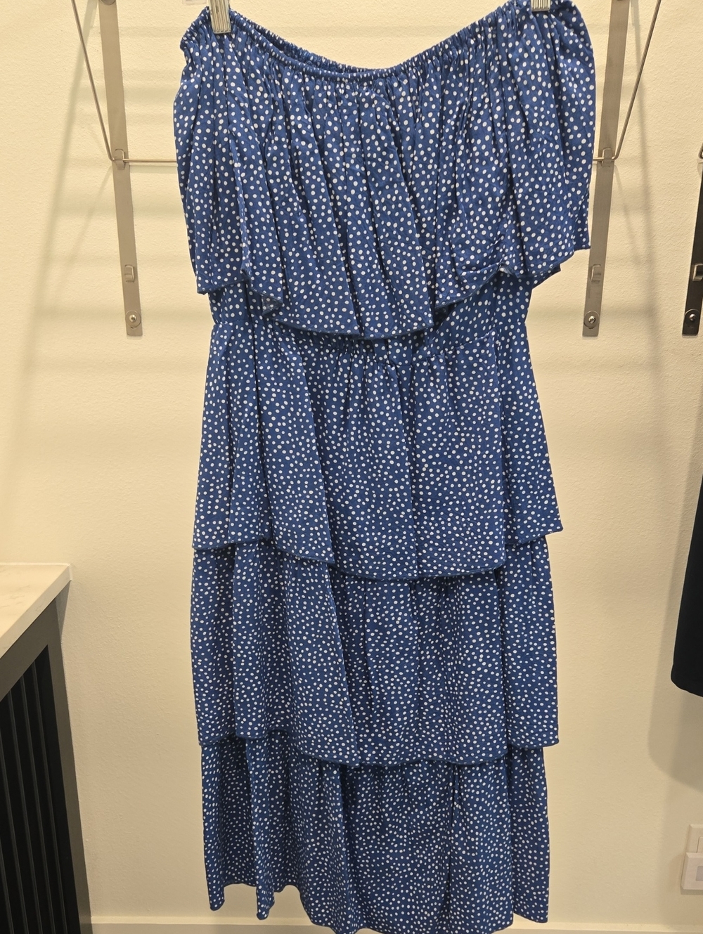 Blue Polka Dot Strapless Tiered Midi Dress - Women